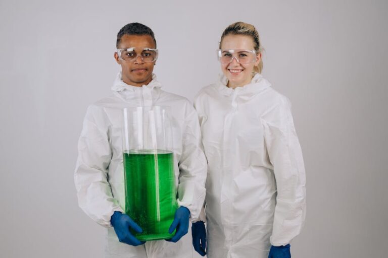 Two scientists in protective gear with a large green chemical vial, showcasing laboratory research.
