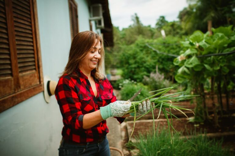 Woman enjoying gardening by harvesting greenery outdoors on a sunny day.