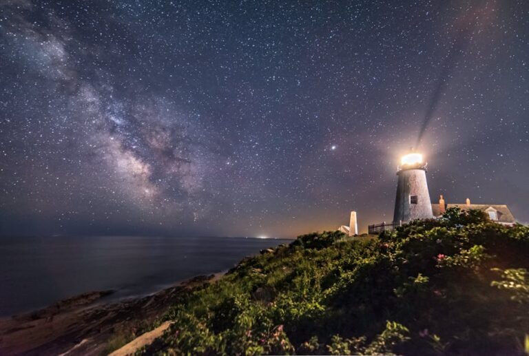 Experience the breathtaking starry night at Pemaquid Point Lighthouse in Bristol, Maine.