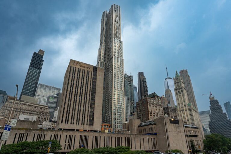 Impressive view of New York City skyscrapers with overcast sky