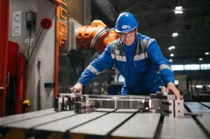 Male worker in blue uniform operates machinery in an industrial factory setting, showcasing engineering and industry.